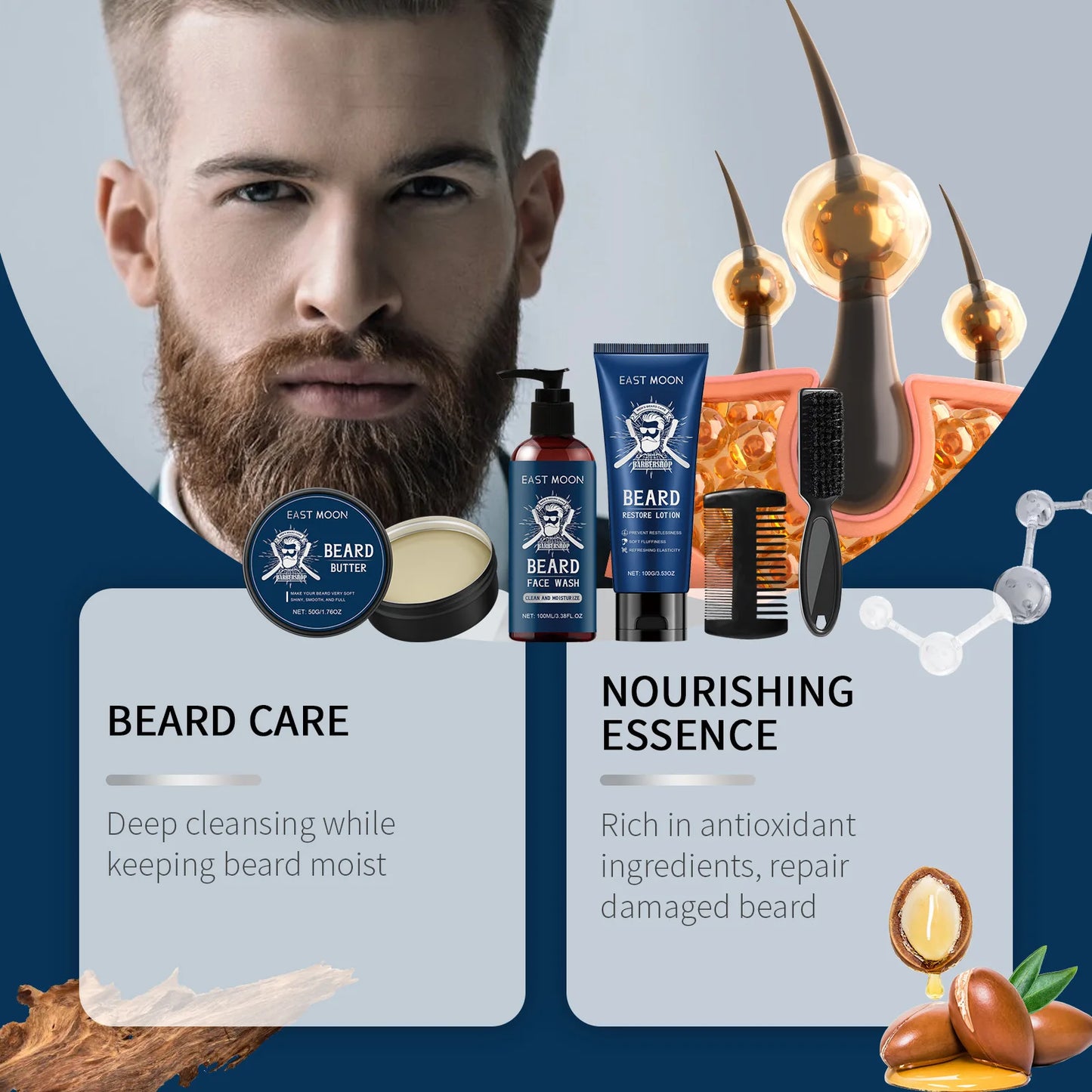Men Sandalwood Beard Care Set With Comb Deep Moisturizing Improve Grooming Strengthen Thickener Keep Smoothing Beard Growth Wax