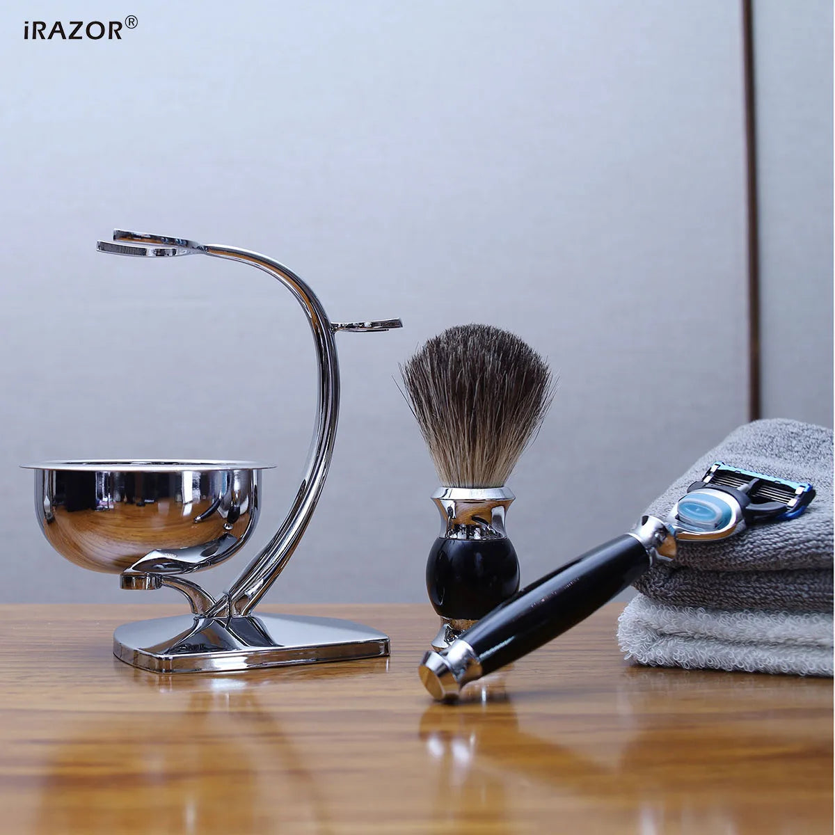 iRAZOR 5 Layer Safety Razor Shaving Kit Badger Hair Cream Brush and Shaver Mug Bowl Stand Holder Birthday Christmas Holiday Gift