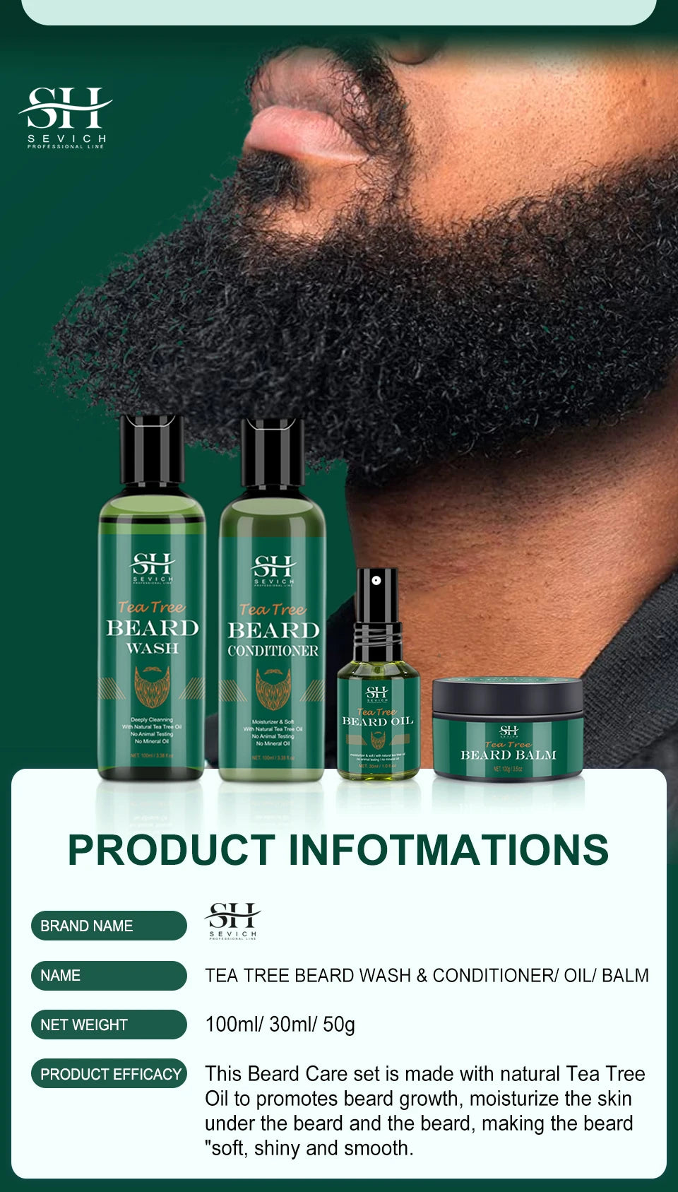 Sevich Tea Tree Beard Care Series Fast and Effective Beard Growth And Gentle Cleansing Skin Soft Men's Beard Care Essence