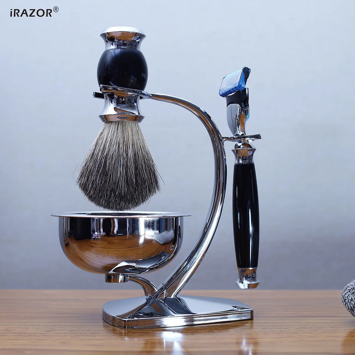 iRAZOR 5 Layer Safety Razor Shaving Kit Badger Hair Cream Brush and Shaver Mug Bowl Stand Holder Birthday Christmas Holiday Gift