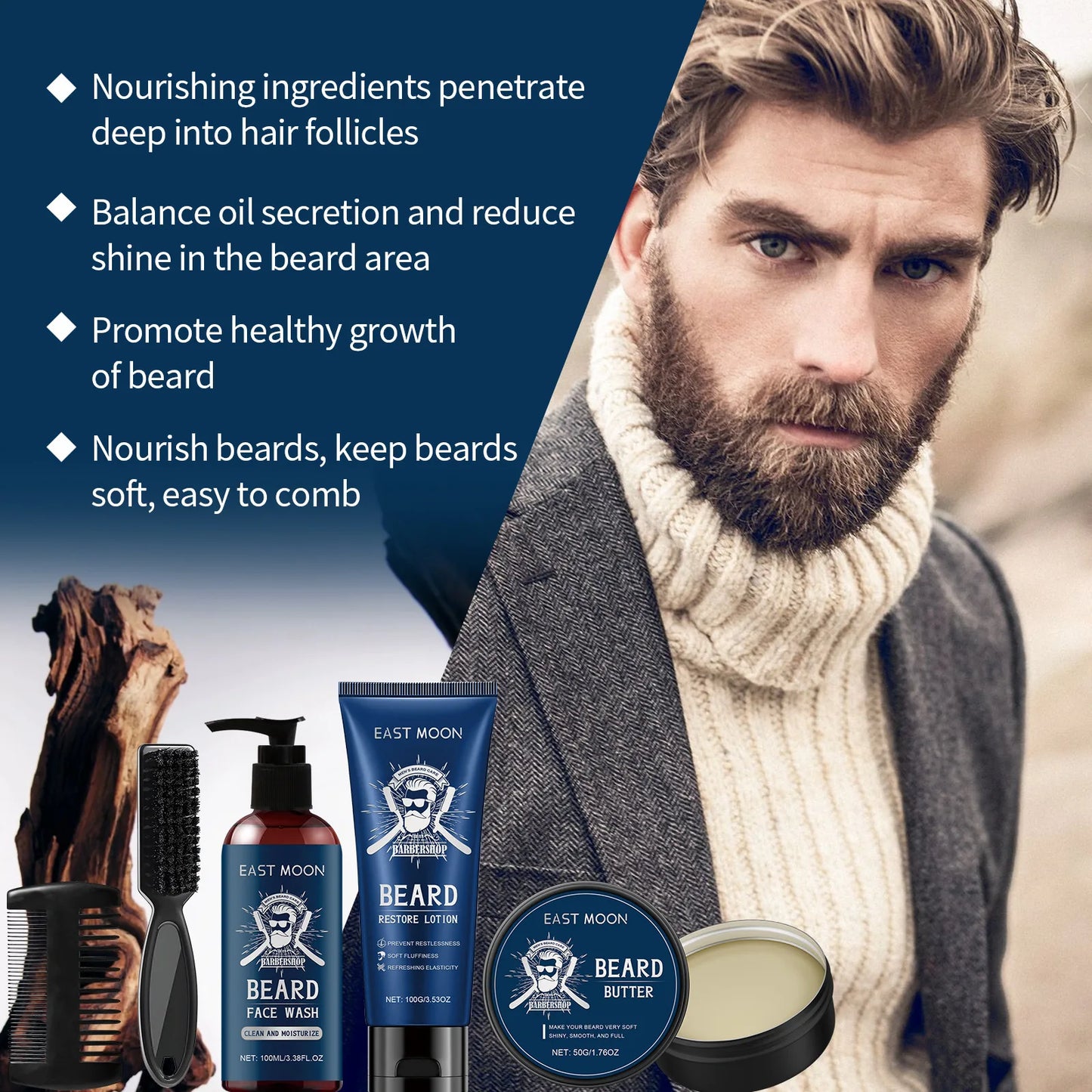 Men Sandalwood Beard Care Set With Comb Deep Moisturizing Improve Grooming Strengthen Thickener Keep Smoothing Beard Growth Wax