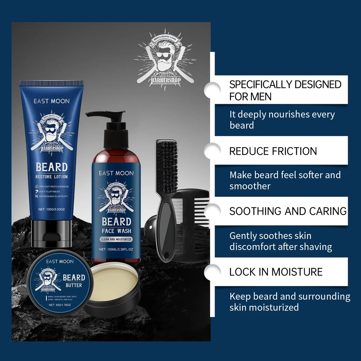 Men Sandalwood Beard Care Set With Comb Deep Moisturizing Improve Grooming Strengthen Thickener Keep Smoothing Beard Growth Wax