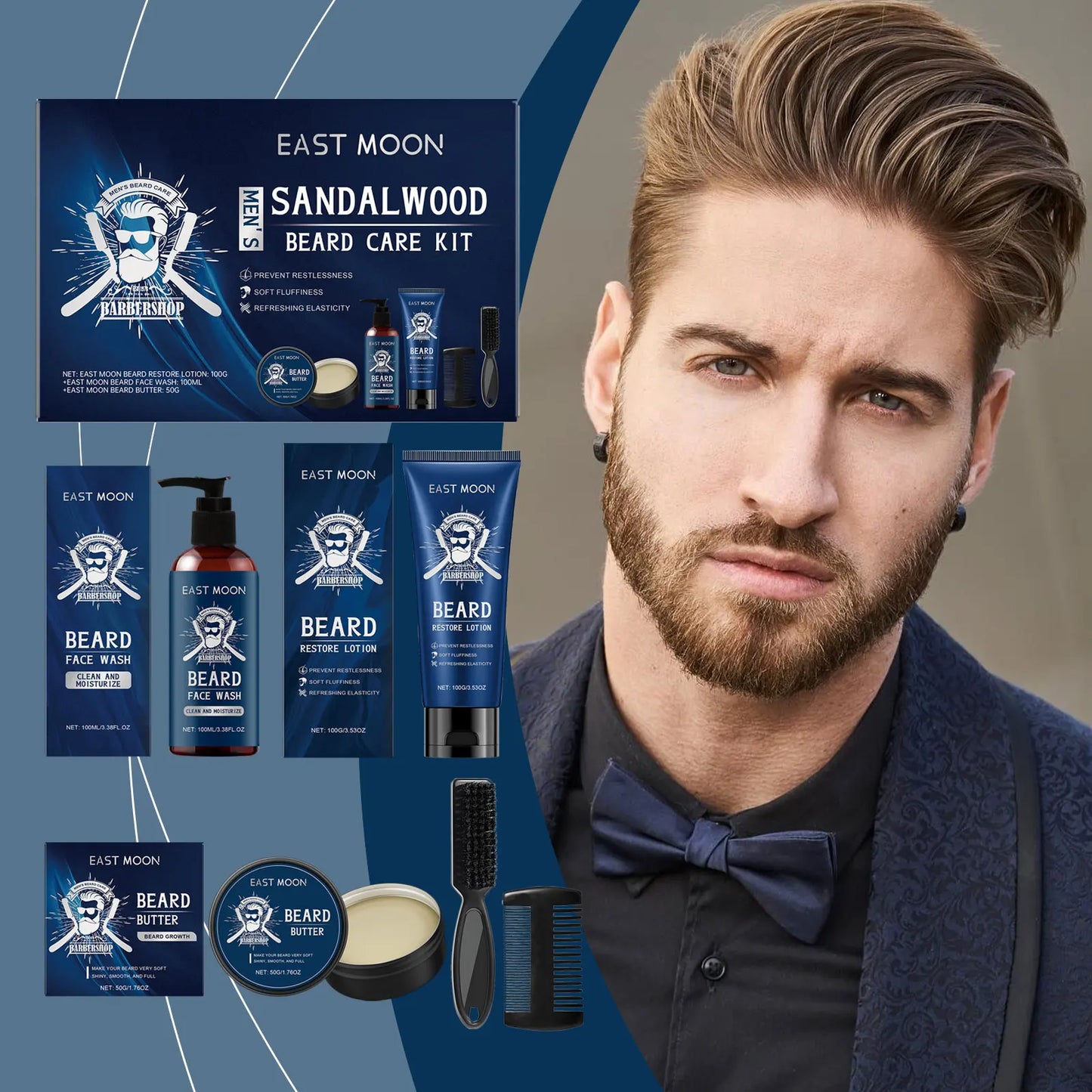 Men Sandalwood Beard Care Set With Comb Deep Moisturizing Improve Grooming Strengthen Thickener Keep Smoothing Beard Growth Wax