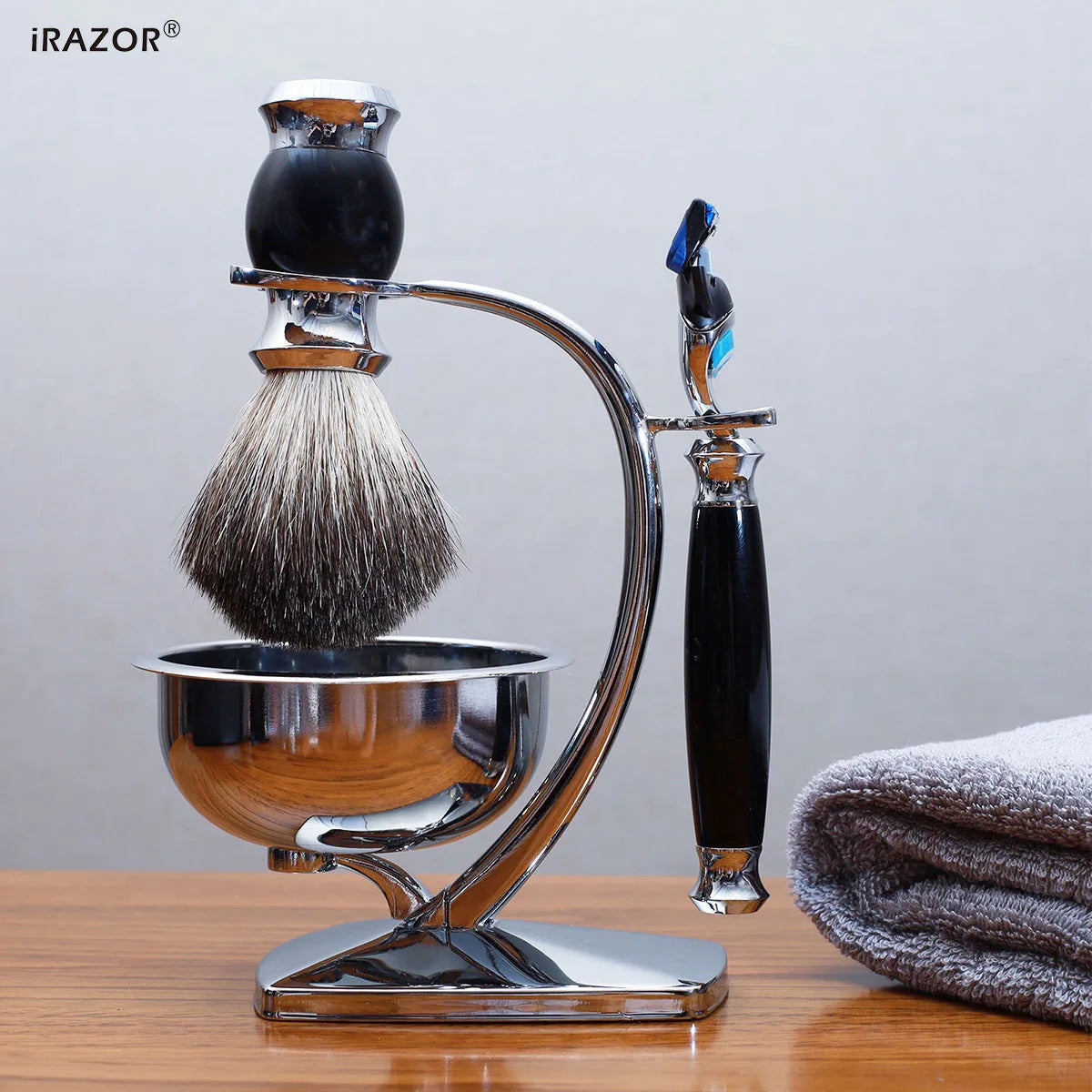 iRAZOR 5 Layer Safety Razor Shaving Kit Badger Hair Cream Brush and Shaver Mug Bowl Stand Holder Birthday Christmas Holiday Gift