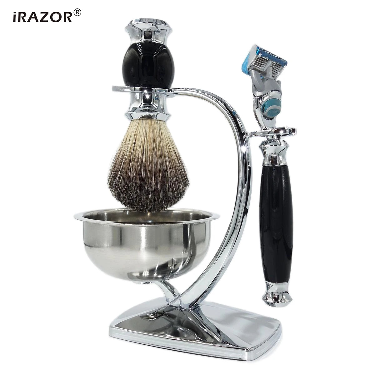 iRAZOR 5 Layer Safety Razor Shaving Kit Badger Hair Cream Brush and Shaver Mug Bowl Stand Holder Birthday Christmas Holiday Gift