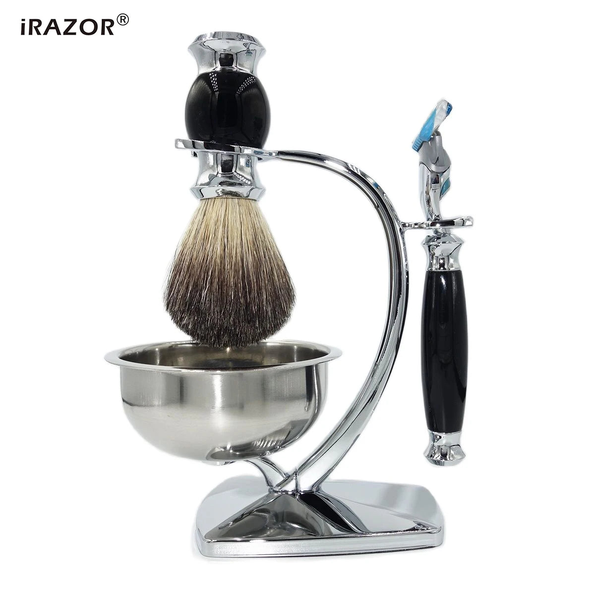 iRAZOR 5 Layer Safety Razor Shaving Kit Badger Hair Cream Brush and Shaver Mug Bowl Stand Holder Birthday Christmas Holiday Gift