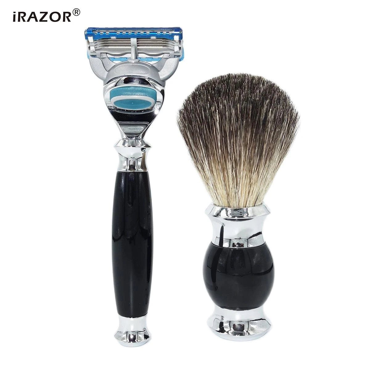iRAZOR 5 Layer Safety Razor Shaving Kit Badger Hair Cream Brush and Shaver Mug Bowl Stand Holder Birthday Christmas Holiday Gift